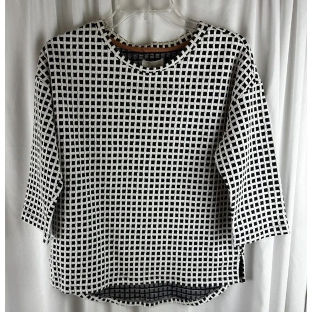 Lou & Grey Blue White Grid Textured Knit Top 3/4 Sleeve S Preppy Academia 55-22‎